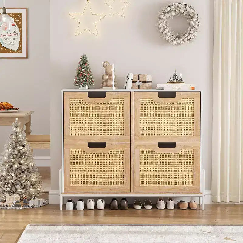 Meuble de rangement en rotin naturel avec 2 tiroirs basculants, meuble à chaussures en bois pour entrée avec rangement, étagère réglable et pieds en métal