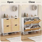 Meuble de rangement en rotin naturel avec 2 tiroirs basculants, meuble à chaussures en bois pour entrée avec rangement, étagère réglable et pieds en métal