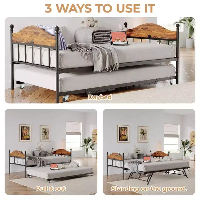 Lit de repos double en métal GustoWave avec lit gigogne pliant, lit de repos peu encombrant