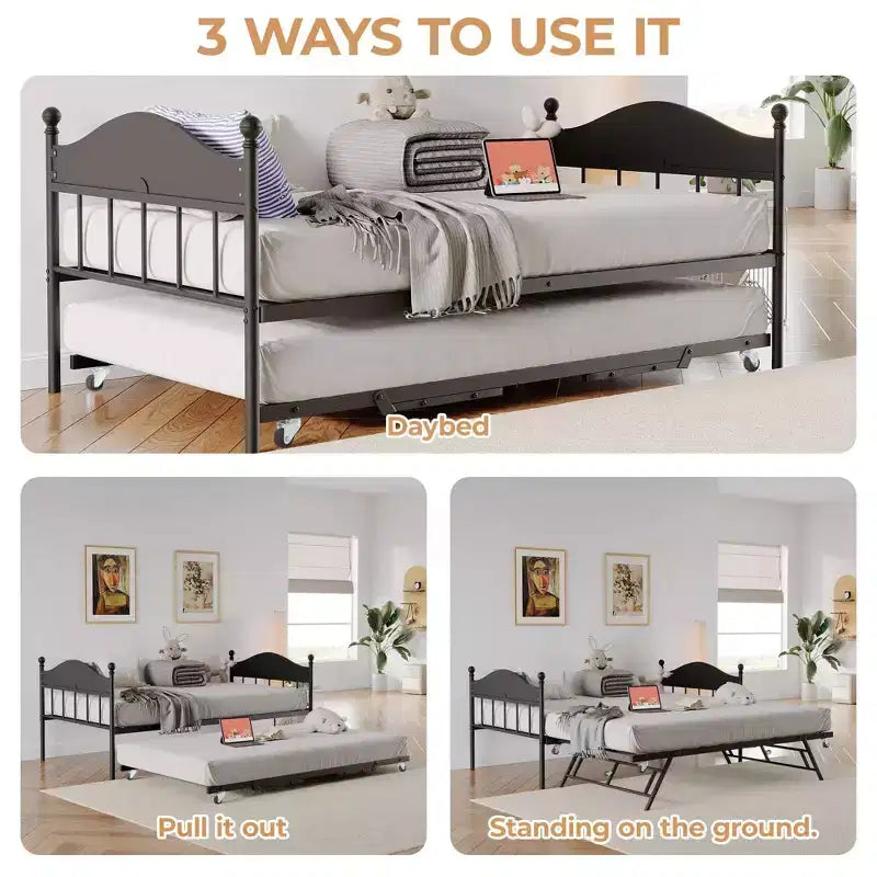 Lit de repos double en métal GustoWave avec lit gigogne pliant, lit de repos peu encombrant