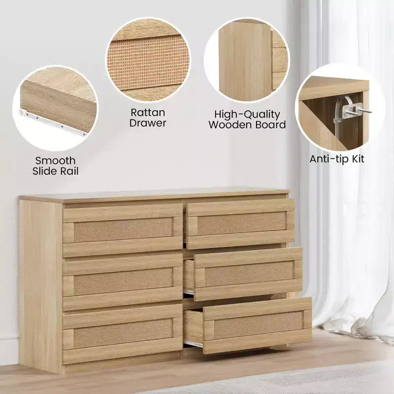 Commode en rotin à 6 tiroirs - Meuble de rangement en bois mince, Organisateur autoportant pour chambre et entrée