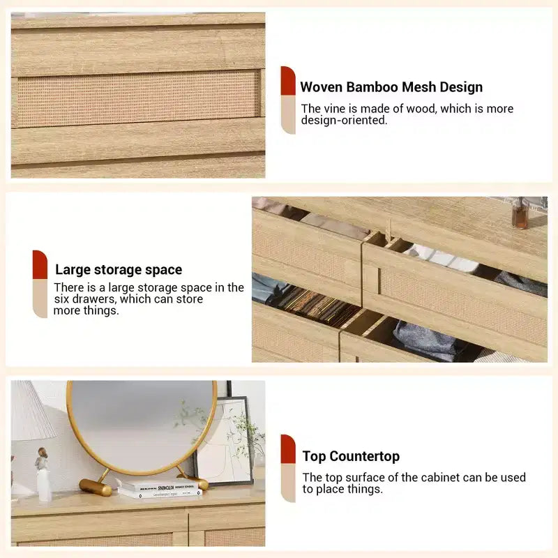 Commode en rotin à 6 tiroirs - Meuble de rangement en bois mince, Organisateur autoportant pour chambre et entrée