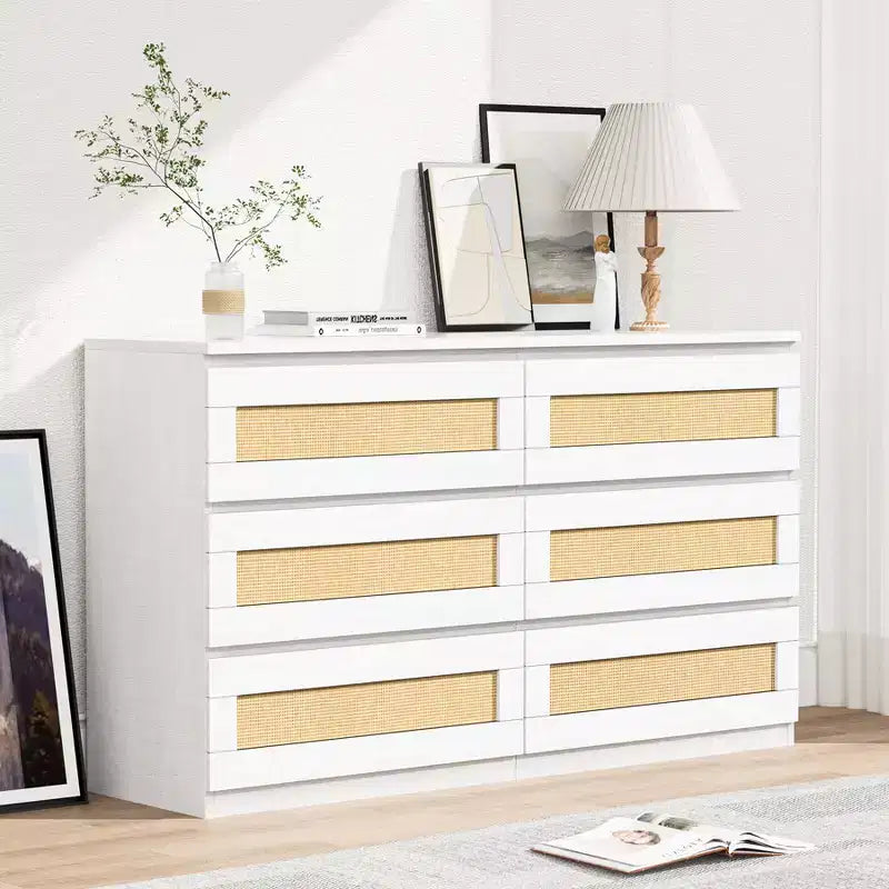 Commode en rotin à 6 tiroirs - Meuble de rangement en bois mince, Organisateur autoportant pour chambre et entrée