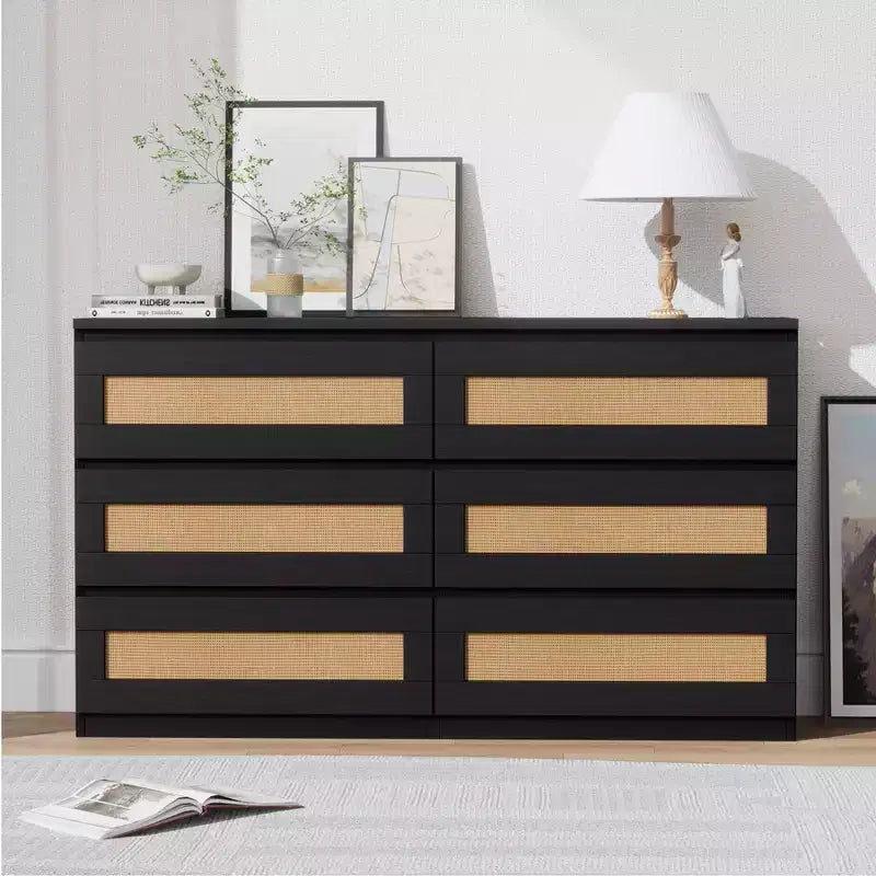 Commode en rotin à 6 tiroirs - Meuble de rangement en bois mince, Organisateur autoportant pour chambre et entrée
