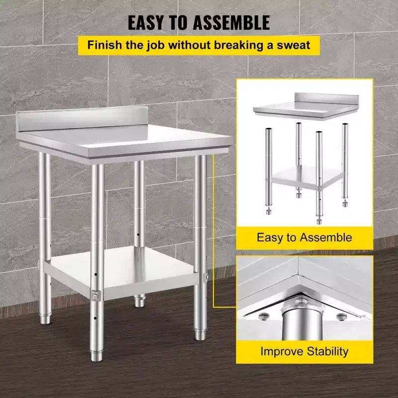 VEVOR Table de Travail en Acier Inoxydable 61 x 61 x 89 cm, Table de Préparation Commerciale Robuste, Table de Travail en Métal, Argent