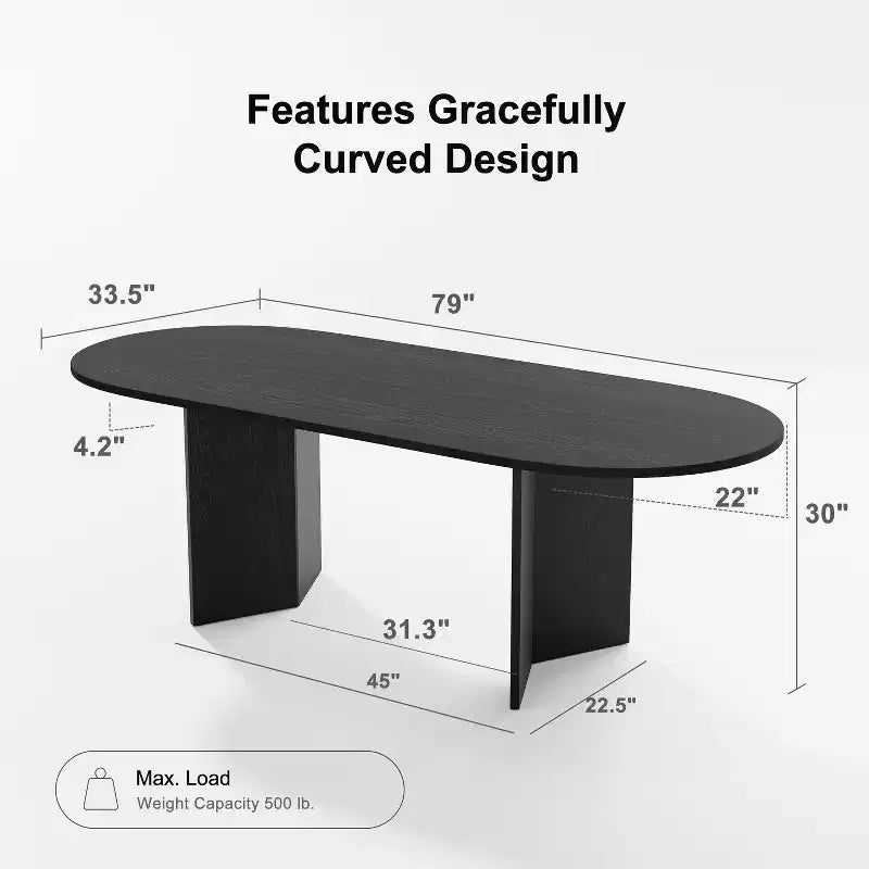 Grande table à manger ovale noire 79 Farmhouse pour 6 à 8 personnes avec pieds en V pour salle à manger et salon