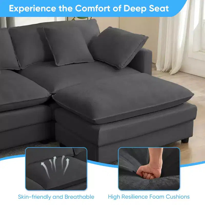 Canapé modulable en U Mjkone 113'', canapé nuage à 5 places avec 2 poufs, canapé-lit moderne en chenille avec assise profonde