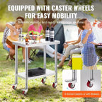 Table de Travail en Acier Inoxydable VEVOR 30 x 18 x 34 Pouces, Capacité de Charge 317,5 kg avec 4 Roues, 3 Niveaux de Hauteur Réglables, Argent
