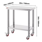 Table de Travail en Acier Inoxydable VEVOR 30 x 18 x 34 Pouces, Capacité de Charge 317,5 kg avec 4 Roues, 3 Niveaux de Hauteur Réglables, Argent