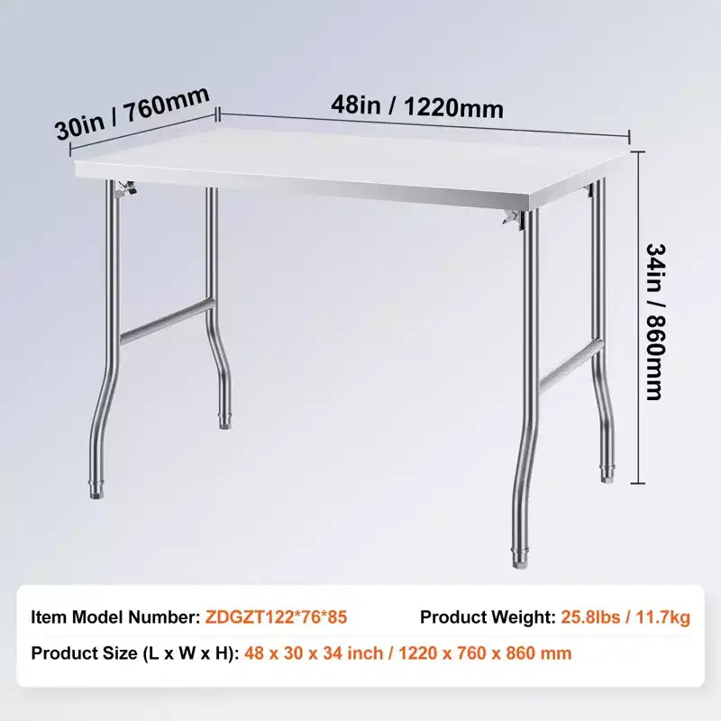 Table de préparation commerciale pliable VEVOR, plan de travail commercial 48 x 30 pouces, table pliante robuste en acier inoxydable avec charge de 300 lb, argent