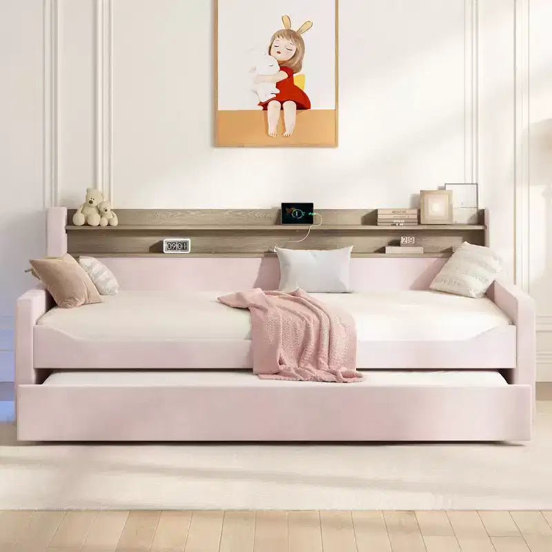 Lit de repos double AMERLIFE avec lit gigogne, lit rembourré avec tête de lit de rangement, LED et station de recharge, cadre d'angle en velours pour chambre à coucher/chambre d'amis
