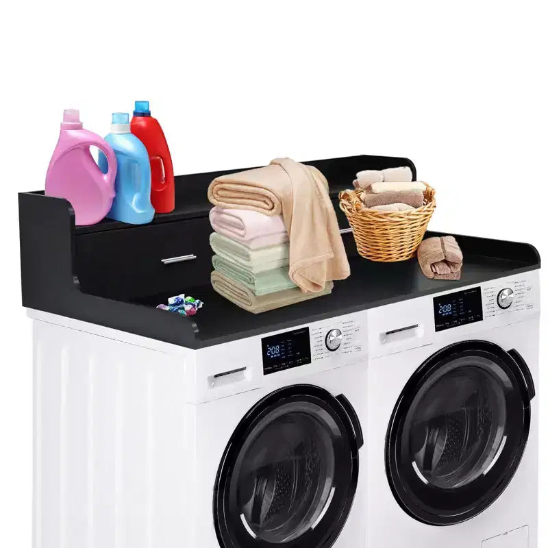 2-Tier Washer Dryer Countertop with 2 Drawers,Wood Laundry Countertop with 2.75 H Edge Rails,Waterproof Washer Dryer Cover with Anti-Slip Pads