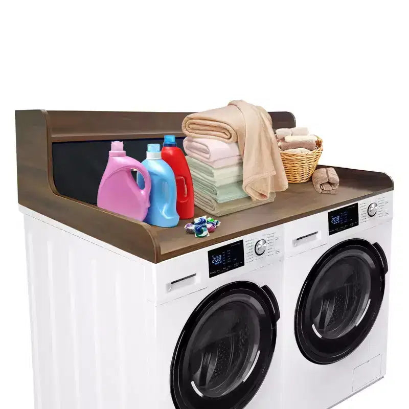 Plan de travail 2 niveaux pour lave-linge/sèche-linge avec 2 tiroirs, plan de travail de buanderie en bois avec rebords de 7 cm, couverture étanche pour lave-linge/sèche-linge avec patins antidérapants