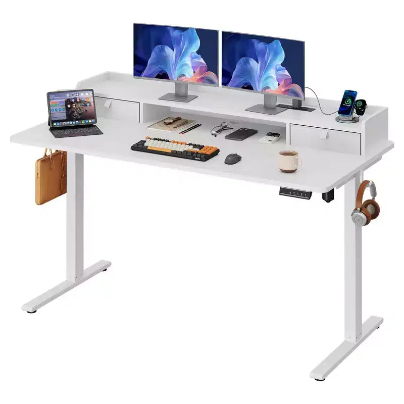 GALAXHERO Bureau électrique debout élargi de 55,24 pouces, poste de travail assis-debout réglable en hauteur avec 2 tiroirs, pour bureau à domicile