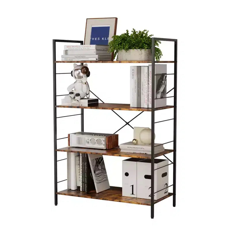Étagère à 4 niveaux, grande bibliothèque avec cadre en acier, étagères industrielles pour bureau à domicile, salon, étagère rustique pour l'organisation et le rangement