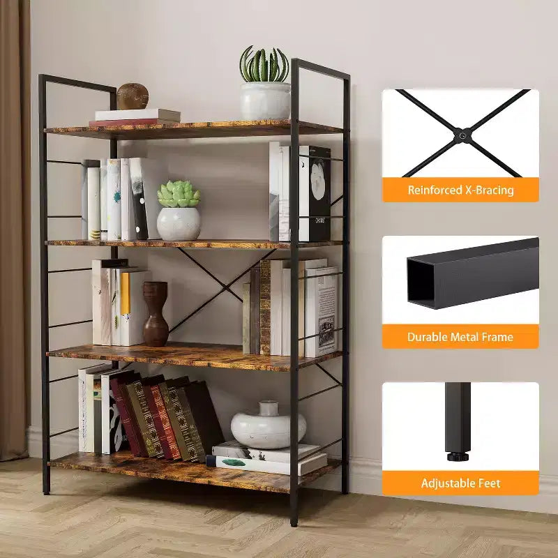 Étagère à 4 niveaux, grande bibliothèque avec cadre en acier, étagères industrielles pour bureau à domicile, salon, étagère rustique pour l'organisation et le rangement