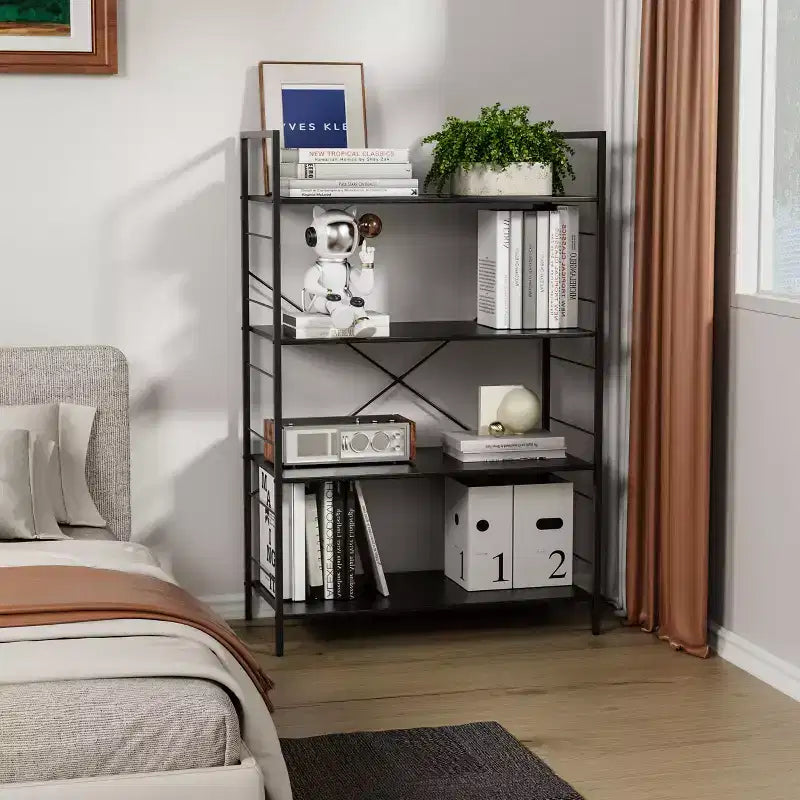 Étagère à 4 niveaux, grande bibliothèque avec cadre en acier, étagères industrielles pour bureau à domicile, salon, étagère rustique pour l'organisation et le rangement