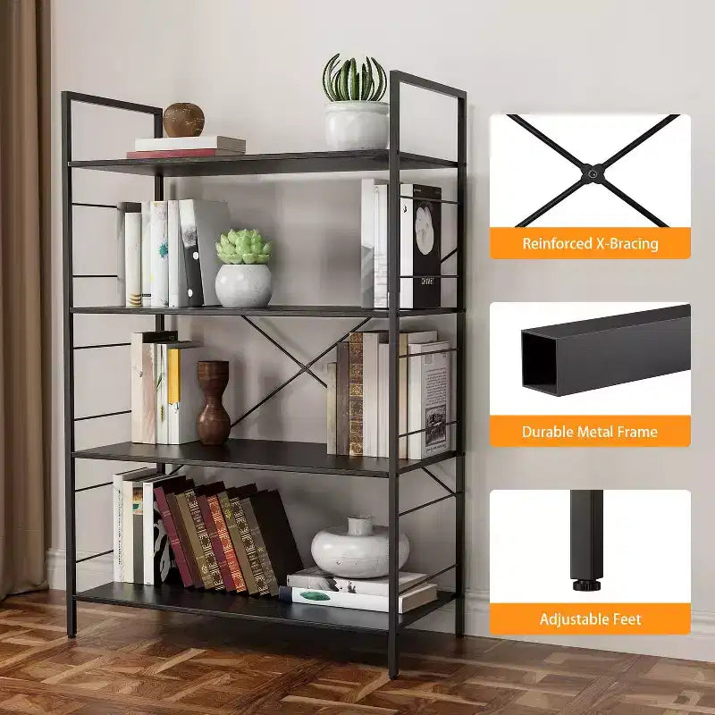 Étagère à 4 niveaux, grande bibliothèque avec cadre en acier, étagères industrielles pour bureau à domicile, salon, étagère rustique pour l'organisation et le rangement