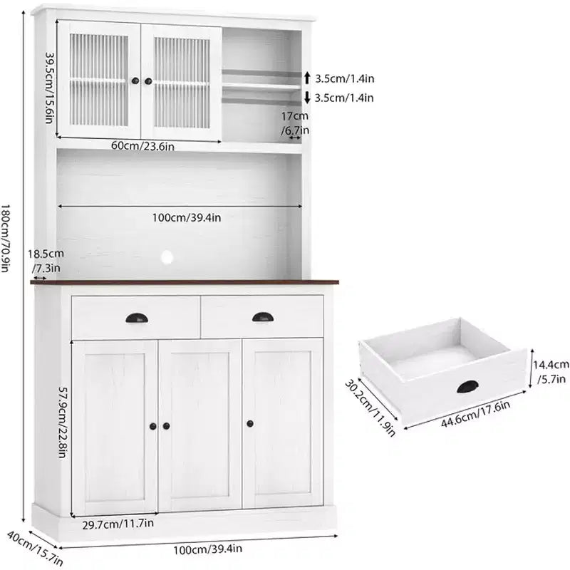 TROPOW Meuble de Rangement de Cuisine de Ferme avec Tiroirs et Étagères Réglables, Meuble de Rangement Autonome de 180 cm de Haut, Meuble de Bar à Café