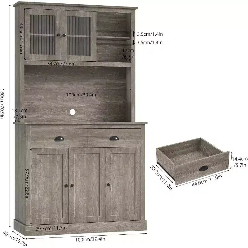 TROPOW Meuble de Rangement de Cuisine de Ferme avec Tiroirs et Étagères Réglables, Meuble de Rangement Autonome de 180 cm de Haut, Meuble de Bar à Café