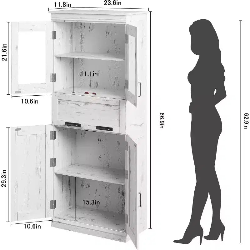 Armoire de rangement haute Acekool avec double portes, étagères réglables et tiroir, accent en verre pour salle de bain, salon, cuisine