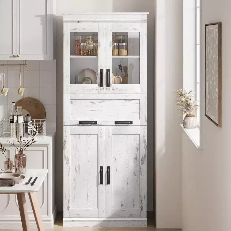 Armoire de rangement haute Acekool avec double portes, étagères réglables et tiroir, accent en verre pour salle de bain, salon, cuisine