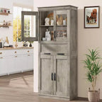 Armoire de rangement haute Acekool avec double portes, étagères réglables et tiroir, accent en verre pour salle de bain, salon, cuisine