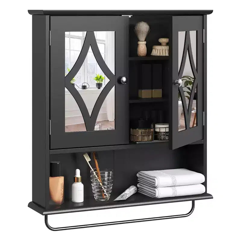 RoyalCraft Bathroom Medicine Cabinet, Wall Mount Storage with Mirror, Towel Bar, and Adjustable Shelves for Wash Room, Laundry, Black