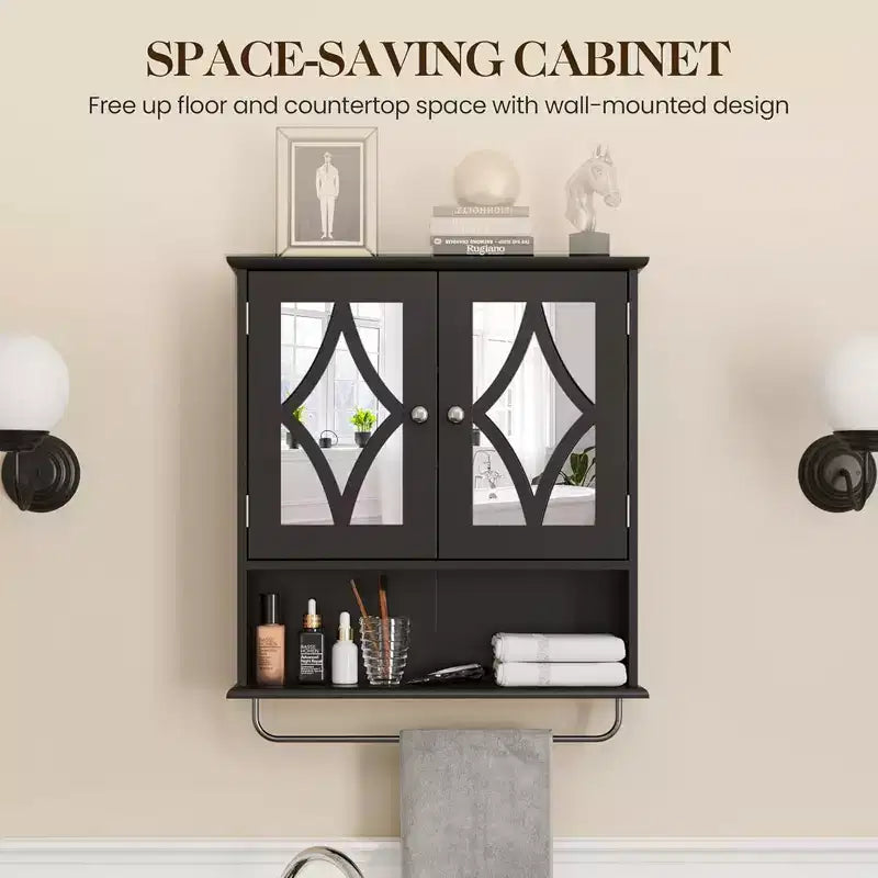 Meuble de salle de bain RoyalCraft, armoire murale de rangement avec miroir, porte-serviettes et étagères réglables pour salle de bain, buanderie, noir