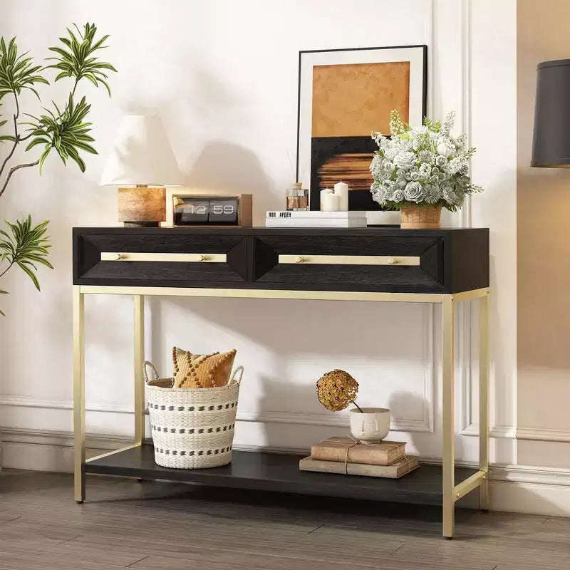MAYEERTY Table console avec deux tiroirs Design géométrique rétro saisissant pour le salon Noir