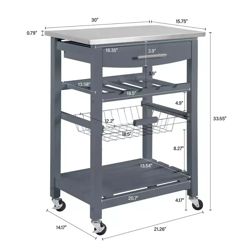 30Mobile Îlot de Cuisine Roulant Chariot de Service avec Tiroir Inférieur et Panier de Rangement Coulissant en Fil de Fer