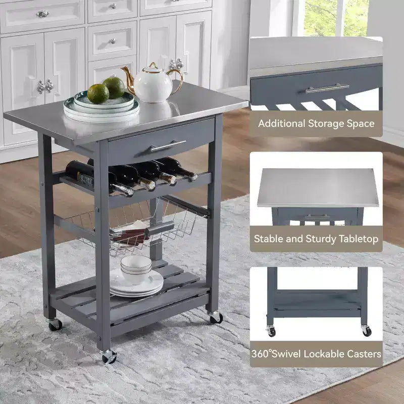 30Mobile Îlot de Cuisine Roulant Chariot de Service avec Tiroir Inférieur et Panier de Rangement Coulissant en Fil de Fer