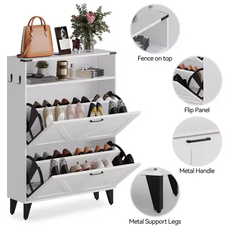 Meuble à chaussures avec 2 tiroirs basculants, meuble de rangement pour chaussures autoportant avec étagères ouvertes, meuble à chaussures étroit et dissimulé pour entrée et couloir