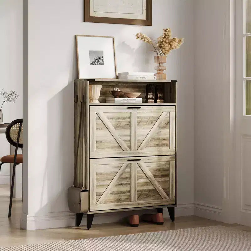 Shoe Cabinet with 2 Flip Drawers, Freestanding Shoe Storage Cabinet with Open Shelves, Hidden Narrow Shoe Rack for Entryway Hallway