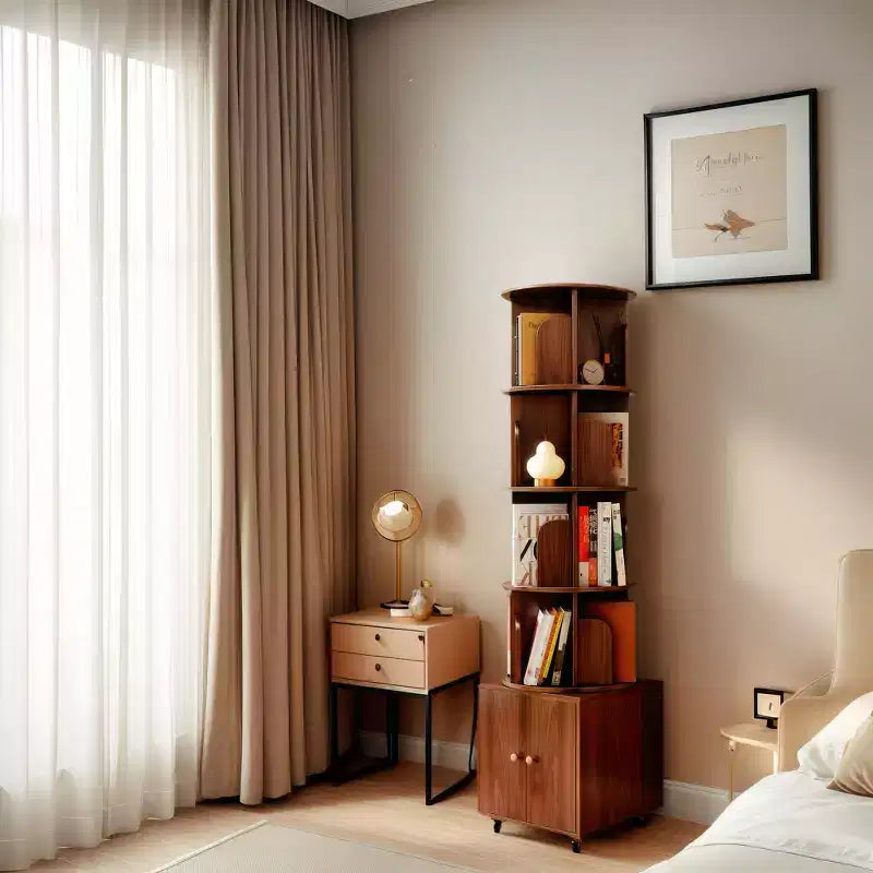 MAYEERTY Étagère d'angle à 5 niveaux avec tiroir, affichage à 360 degrés, bibliothèque sur pied pour petits espaces, rangement pour chambre à coucher, salon, noyer