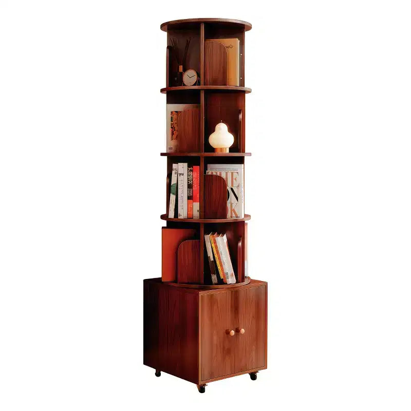 MAYEERTY Étagère d'angle à 5 niveaux avec tiroir, affichage à 360 degrés, bibliothèque sur pied pour petits espaces, rangement pour chambre à coucher, salon, noyer
