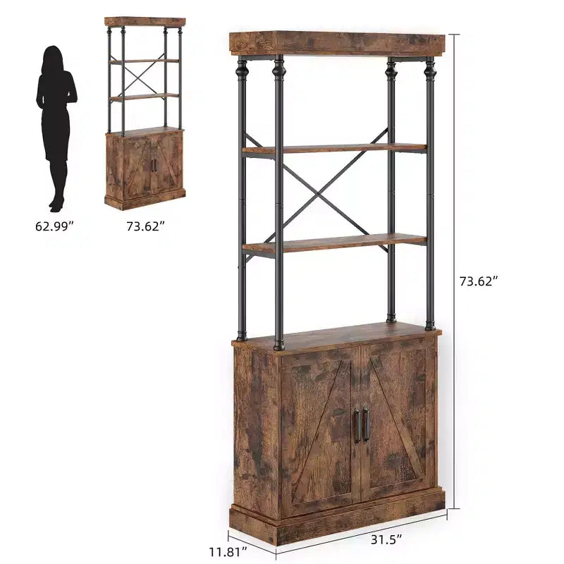 Étagère avec portes, bibliothèque industrielle de 73,6 po - Étagère de rangement à 4 niveaux en bois et métal pour salon, bureau