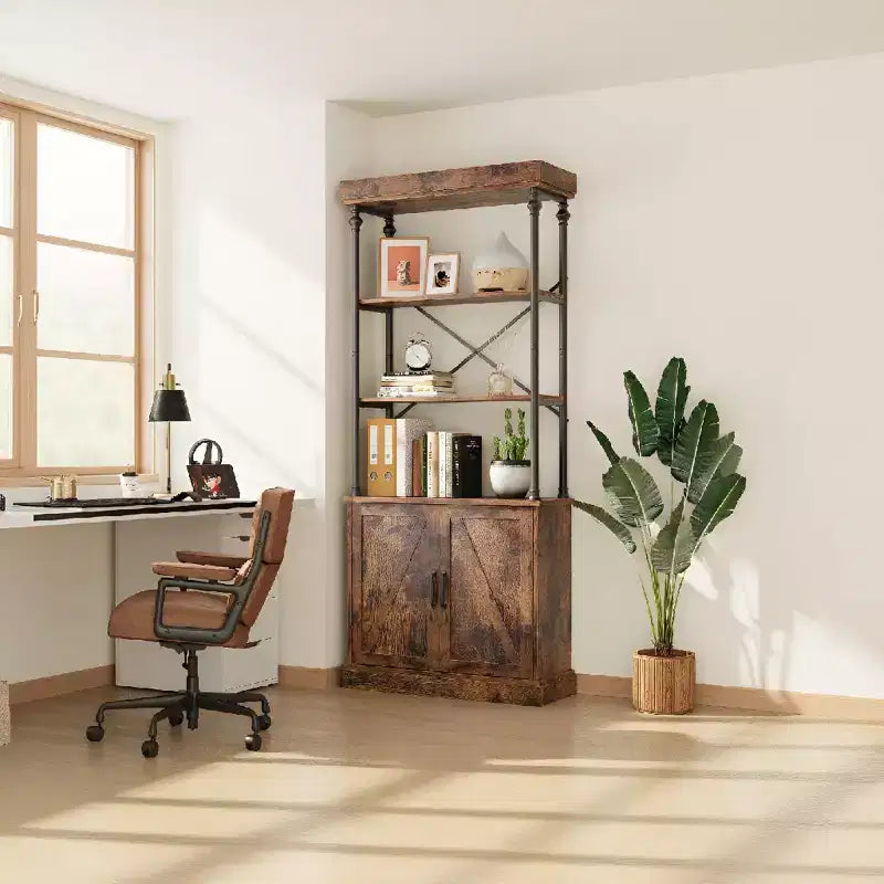 Étagère avec portes, bibliothèque industrielle de 73,6 po - Étagère de rangement à 4 niveaux en bois et métal pour salon, bureau