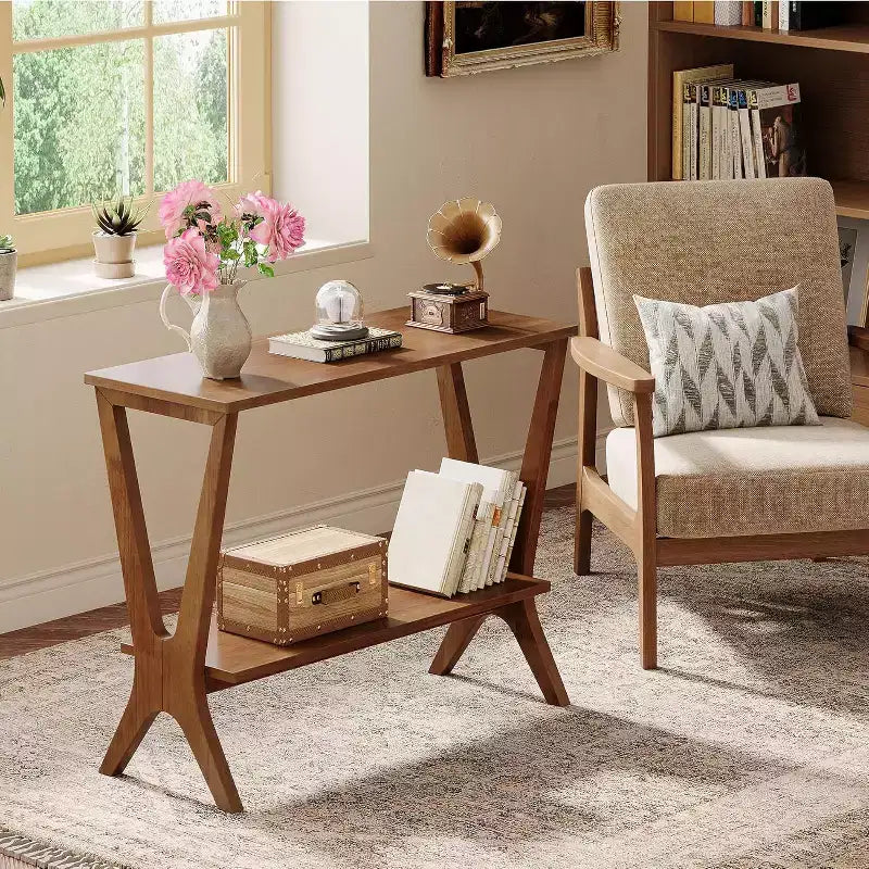 Table d'appoint Lantine à 2 niveaux en bois massif, table d'appoint avec étagères de rangement et pieds robustes, pour petits espaces, chambre, appartement