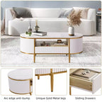 Table basse ovale moderne de 122 cm avec plateau en faux marbre et tiroir, table basse avec rangement et profil incurvé