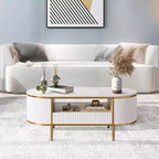 Table basse ovale moderne de 122 cm avec plateau en faux marbre et tiroir, table basse avec rangement et profil incurvé