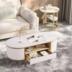 Table basse ovale moderne de 122 cm avec plateau en faux marbre et tiroir, table basse avec rangement et profil incurvé