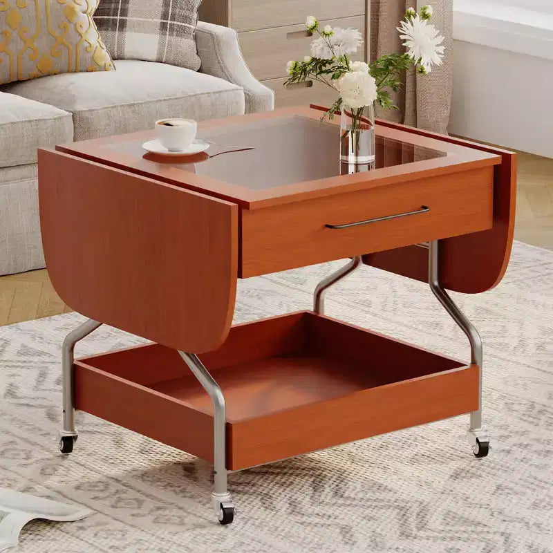 Table basse pliante moderne Zeus & Ruta avec roulettes, 1 tiroir et 2 niveaux de rangement, structure métallique pour salon