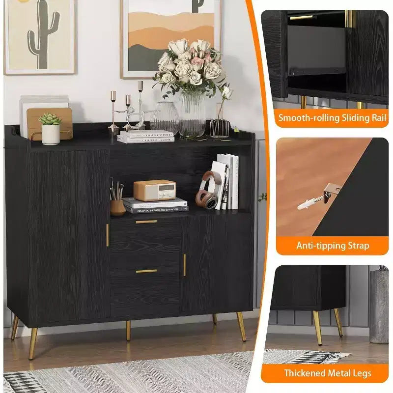 Buffet de rangement moderne, 2 portes et 2 tiroirs, 99 cm de large, station de café compacte pour cuisine, salon, salle à manger