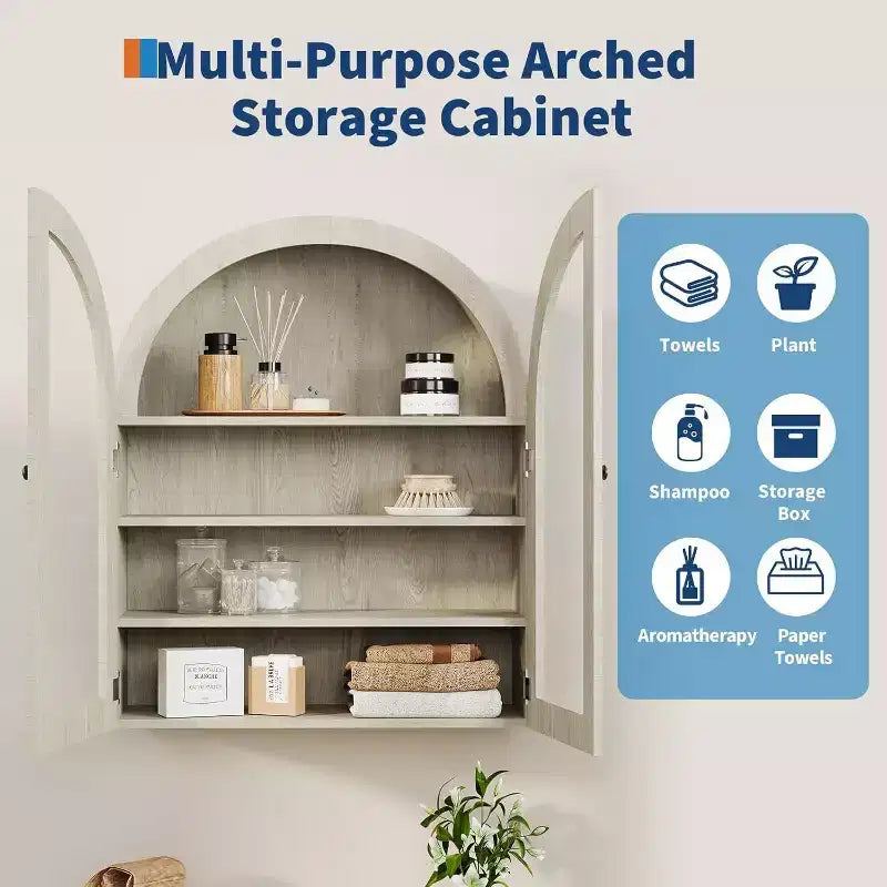 Meuble haut de salle de bain mural avec portes vitrées, organisateur de rangement à 4 niveaux en forme d'arche, armoire à pharmacie avec étagère réglable, 61 x 71 x 23 cm (l x H x P)