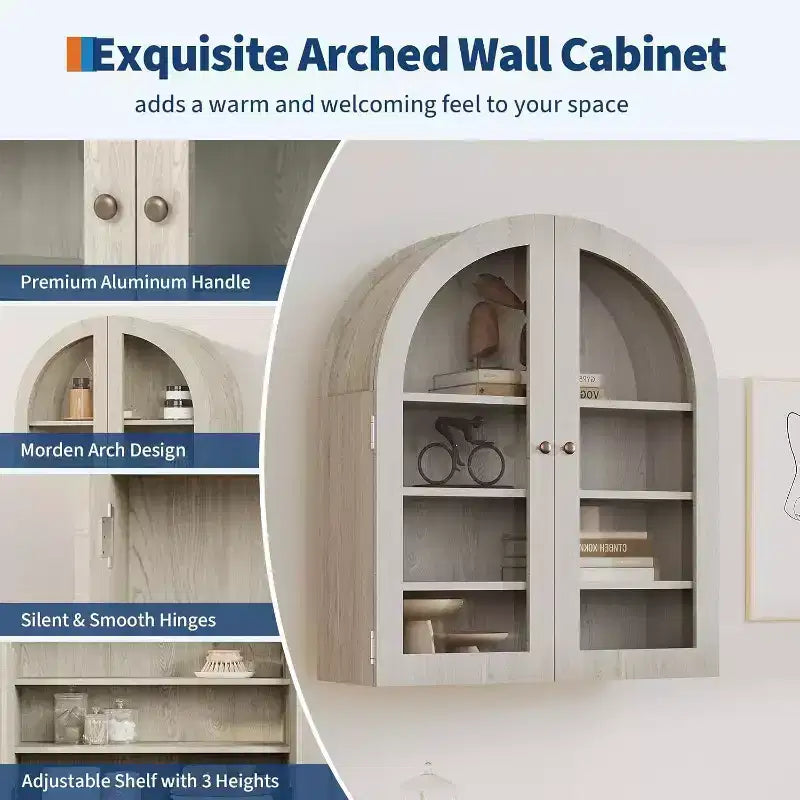 Meuble haut de salle de bain mural avec portes vitrées, organisateur de rangement à 4 niveaux en forme d'arche, armoire à pharmacie avec étagère réglable, 61 x 71 x 23 cm (l x H x P)