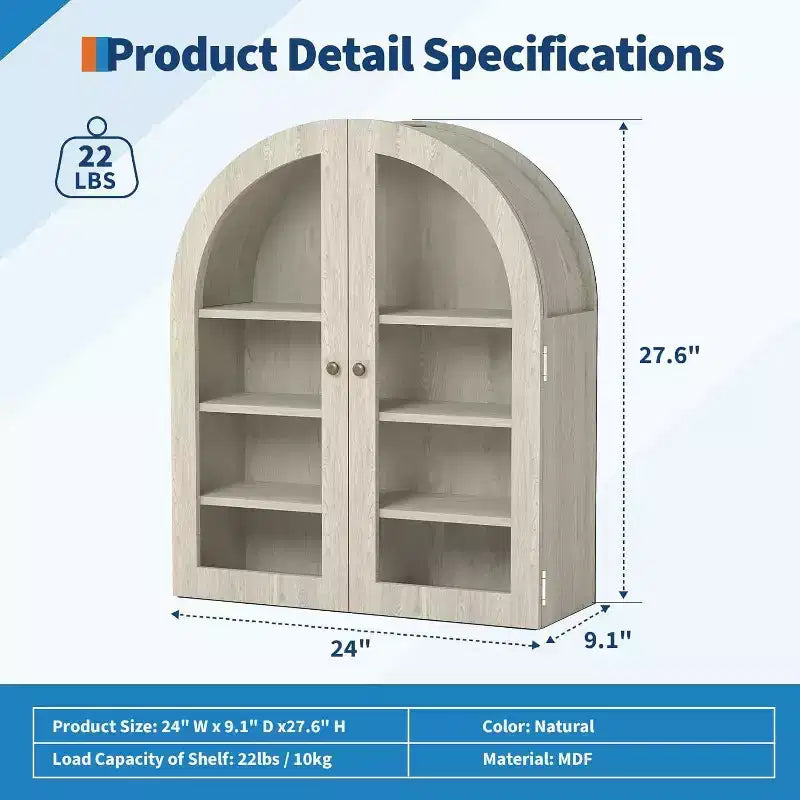 Meuble haut de salle de bain mural avec portes vitrées, organisateur de rangement à 4 niveaux en forme d'arche, armoire à pharmacie avec étagère réglable, 61 x 71 x 23 cm (l x H x P)