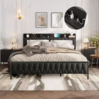 Bed Frame with PU Faux Leather, Button Headboard with Charging Station, All-Metal Full Platform Bed Frame with Storage,No Box Spring Needed