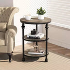 Round End Table, Small Accent Table with 3 Tier Storage Shelves, Farmhouse Wood Side Table, Metal Frame Industrial Night Stand