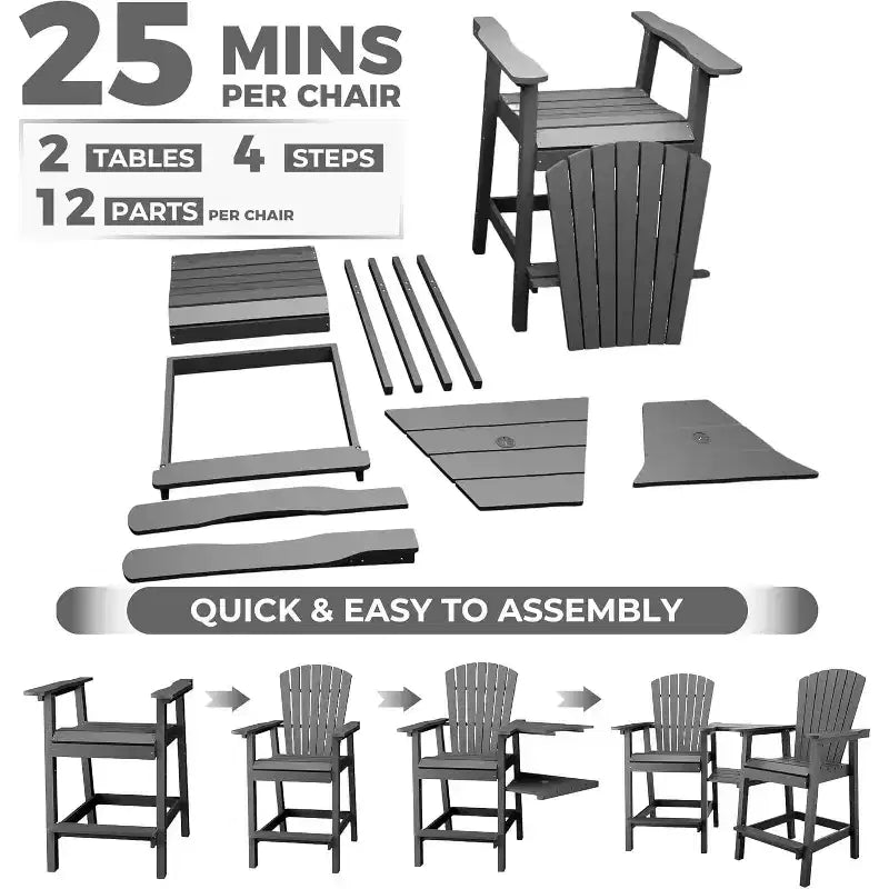 2 chaises Adirondack de bar d'extérieur avec plateau de connexion, chaises de balcon pour terrasse, jardin, chaises hautes Adirondack d'extérieur résistantes aux intempéries